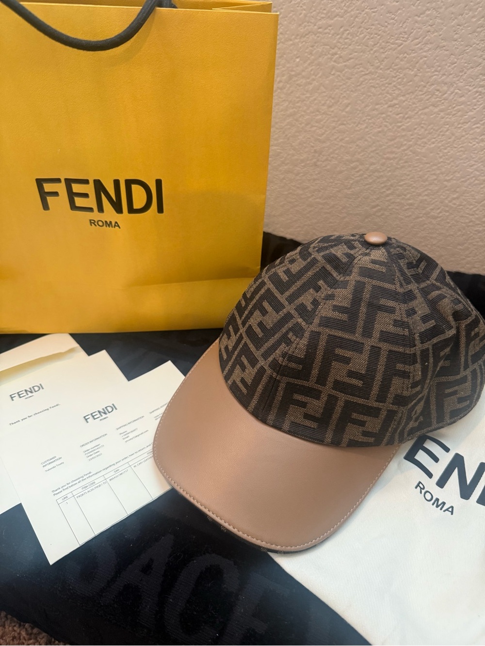 Fendi Brown FF Monogram Baseball Cap with Tan Brim